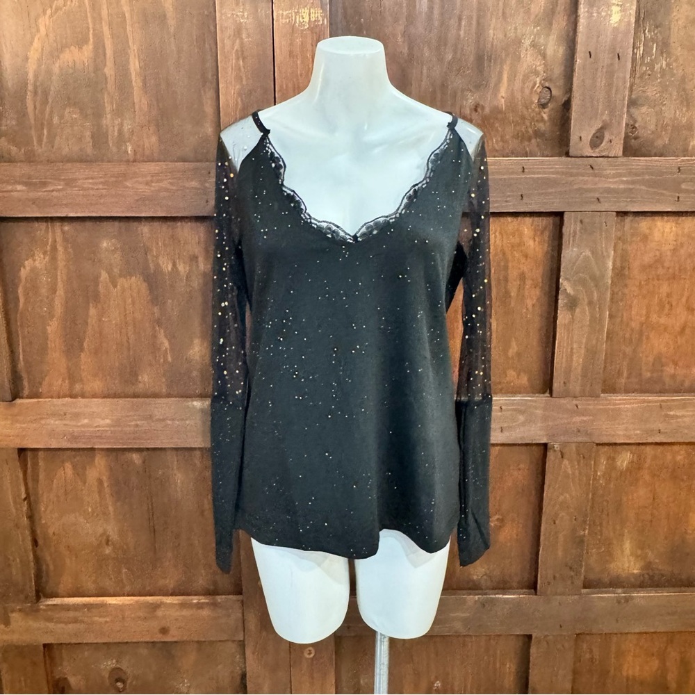 Black Lace-Trim Sparkle Long-Sleeve Top
